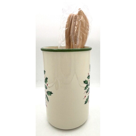 Lenox XMAS Holiday Utensil Crock w/3 Wooden Server Spoons Made for Macys NOS NIB - Picture 10 of 16